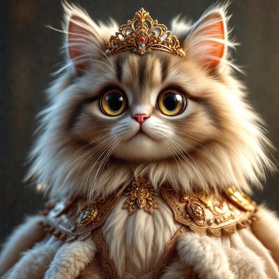 The primary subject of the image is a cat wearing a crown. The cat is the main focus of the image, and it appears to be a digital art or illustration. The setting is a dark background, which contrasts with the cat's crown and fur. The colors in the image are predominantly dark, with the cat's fur being the most prominent color. The overall atmosphere of the image is whimsical and playful.